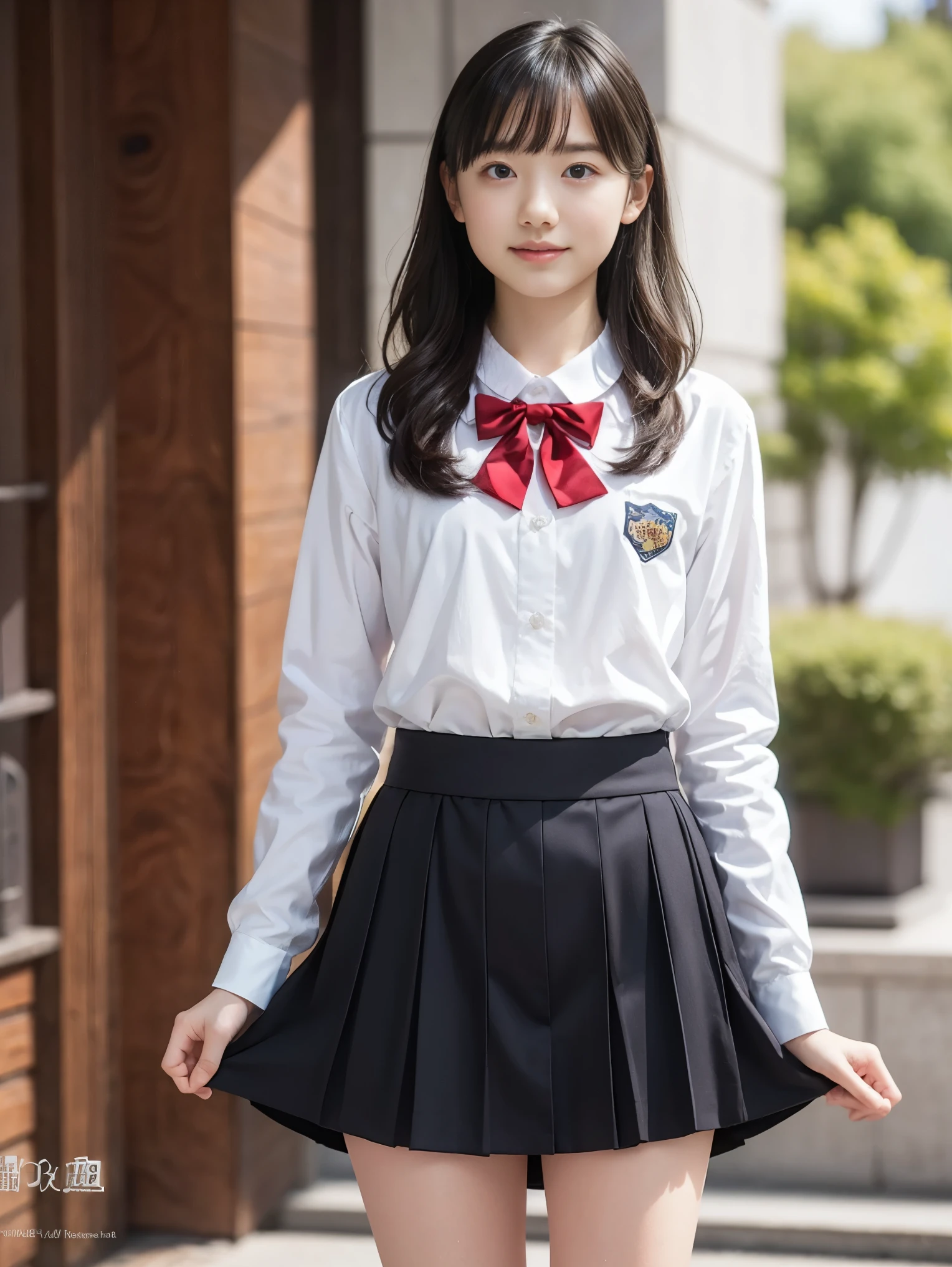 High resolution、High resolution、In 8K、RAW Photos、Highest quality、masterpiece、One teenage girl,  Wavy Hair,Japanese high school uniform, Anatomically correct,bangs、Waist、thigh