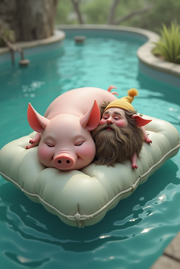 A pig and a dwarf lying on a water bed