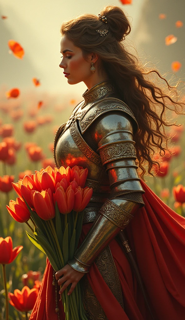 A majestic warrior in shining armors,((She holds a beautiful bouquet of tulips)),((Beautiful tulips)),Standing in the middle of a fierce battle。This scene was inspired by key elements of Gustav Klimt's famous Golden Age。Lively and animated composition,The lines are bold。The color palette used is intense,A perfect display of the warrior's raw power and unwavering determination。This figure uses a variety of digital techniques,Gives a soft and delicate quality,Adding supernatural charm to the turbulent battlefield。Dive into this enchanting fantasy world,Legends are created here,The championship is up for grabs here。Admire the intricate decoration of the warriors' armors、The shining edge of the blade and the vibrant energy of the battle before us。Every stroke of this digital artwork transports you to a world where courage and determination are the norm.。