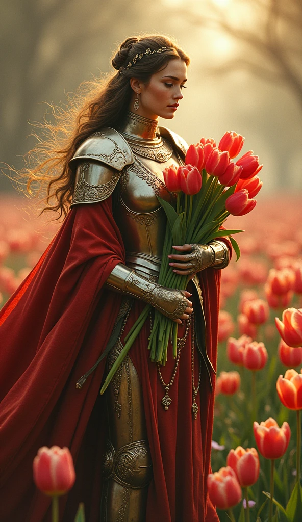 A majestic warrior in shining armors,((She holds a beautiful bouquet of tulips)),((Beautiful tulips)),Standing in the middle of a fierce battle。This scene was inspired by key elements of Gustav Klimt's famous Golden Age。Lively and animated composition,The lines are bold。The color palette used is intense,A perfect display of the warrior's raw power and unwavering determination。This figure uses a variety of digital techniques,Gives a soft and delicate quality,Adding supernatural charm to the turbulent battlefield。Dive into this enchanting fantasy world,Legends are created here,The championship is up for grabs here。Admire the intricate decoration of the warriors' armors、The shining edge of the blade and the vibrant energy of the battle before us。Every stroke of this digital artwork transports you to a world where courage and determination are the norm.。