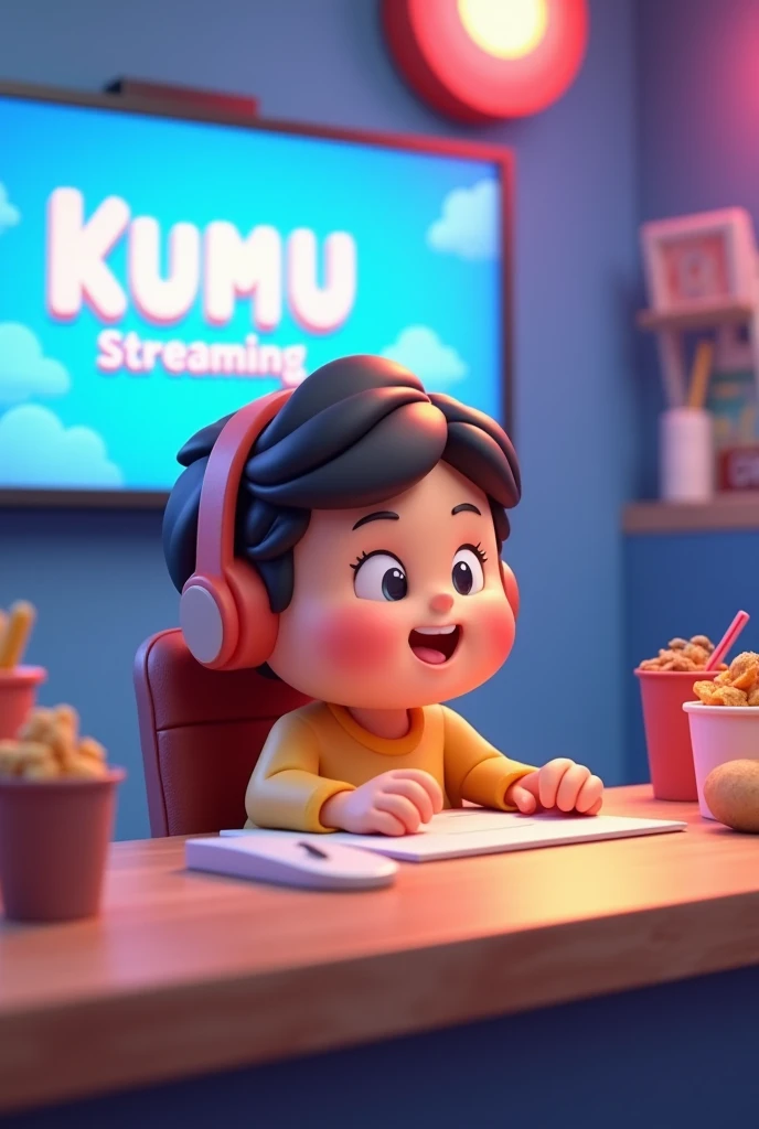 chubby cheeks guy then at studio streaming
And have snacks at the right side of table and have words of the background kumu streaming
Make it cartoons 3d just a little chubby