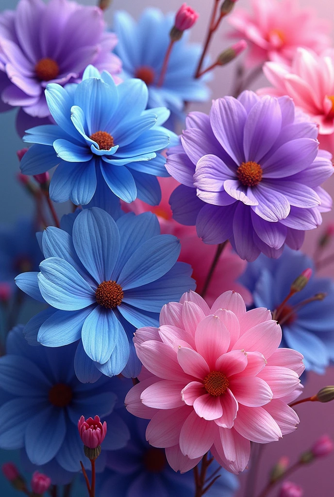 Frame of bright and striking colored flowers blue pink purple