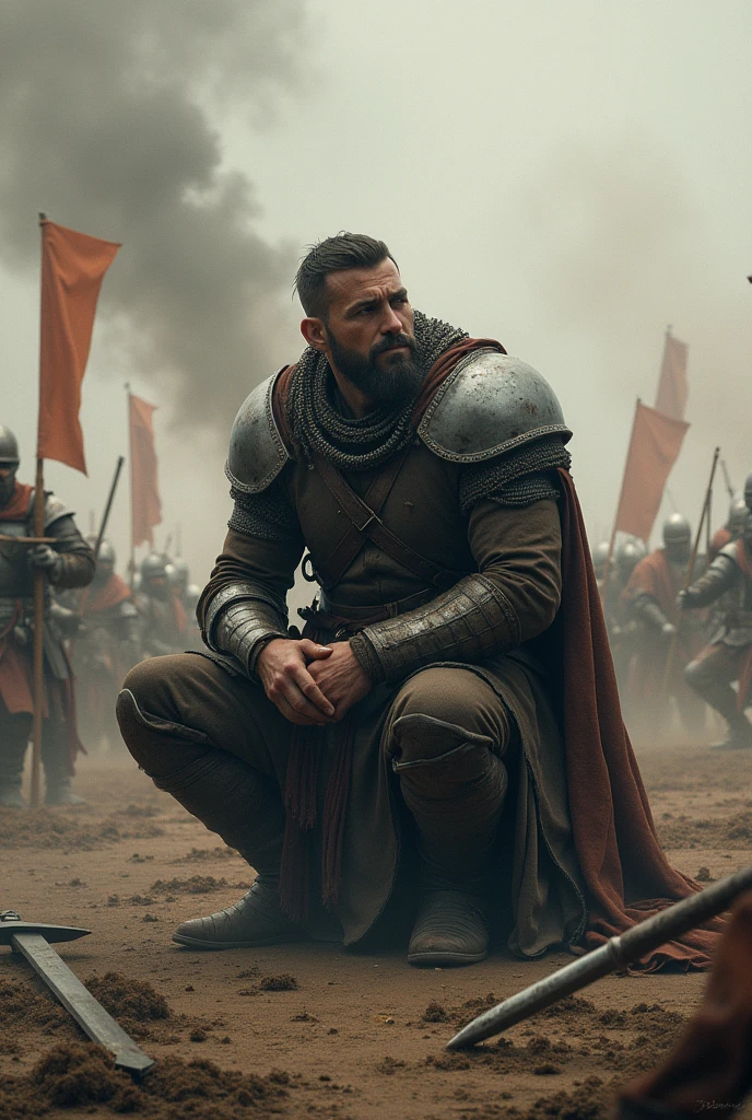 warrior on his knees watching a battle being lost