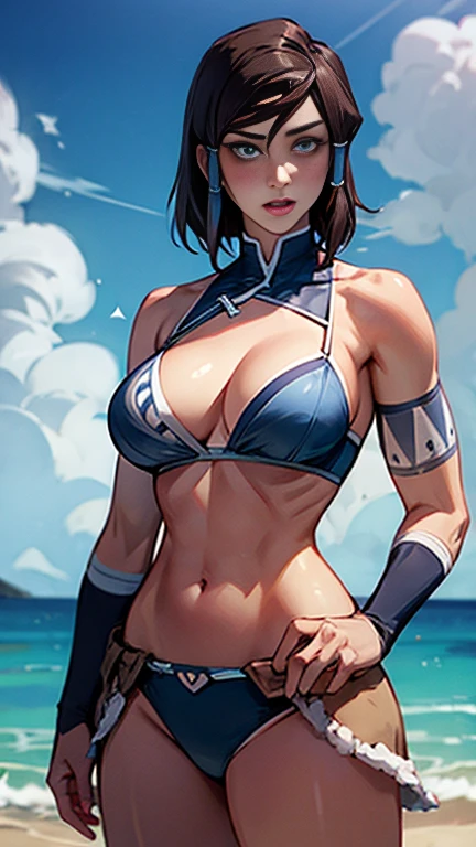 Korra has large breasts and she is wearing her bikinis 