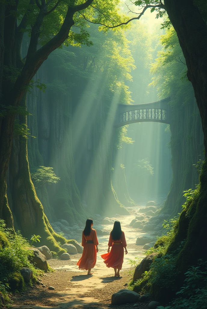 give me 2 asians getting into a big astral temple full of nature