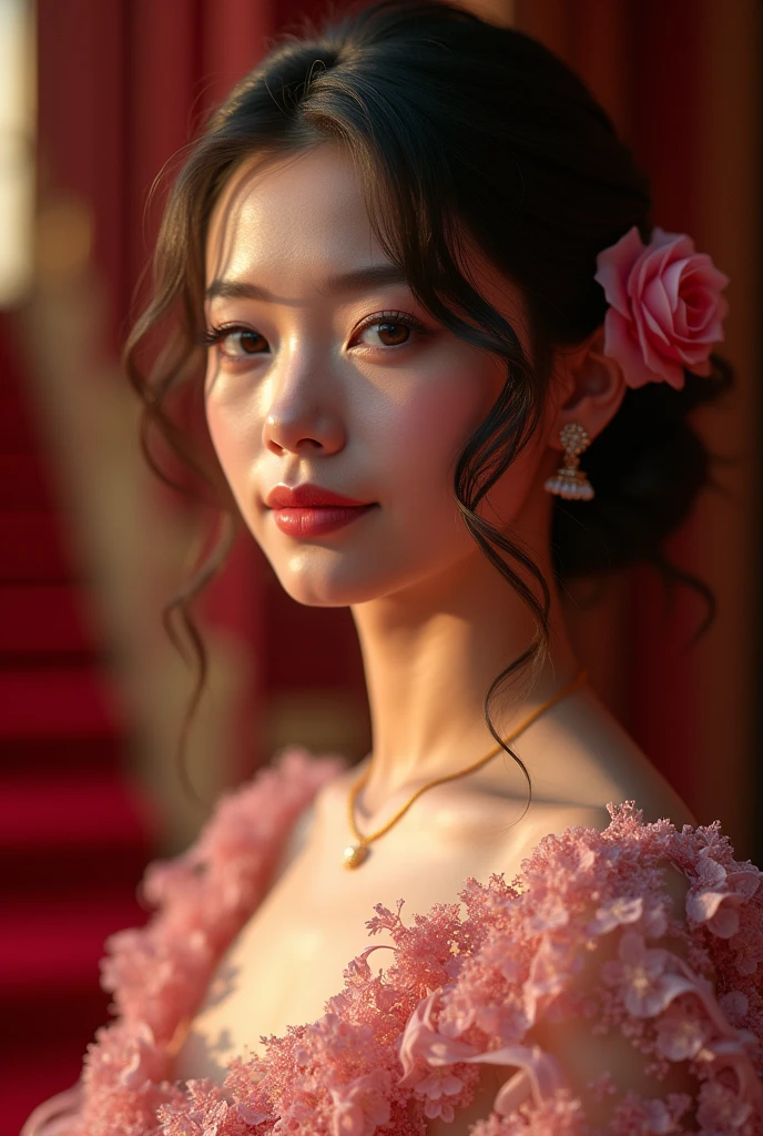 (((Japanese))),((The contrast of light and shadow makes the subject appear three-dimensional)), (Showing 1 woman, 24-years-old, Famous actress, confidently walks on the red carpet, Film Awards Ceremony), View your viewers, (Ultra-fine digital art)\, Photorealistic realism 16K quality: (eye: Vibrant): {((Realistic perfectly circular and super absurd detail [eye: brown: 1.4]), Ultra-stunning quality and resolution)}, ((the most absurd quality perfect eye:1.2)), ((super beautiful cute sharp-face)), (明るいgreen白いface色), ((clear no blur and sharp perfect round Detailed pupils)), Perfect hands: [(Normal hand, Five fingers)], face: [(beautifulface)],(ultra detailed eye), 細かく描かれたface,finely quality eye,(tired and sleepy and satisfied:0.0), ((Femaleeyeのクローズアップ) Digital Rendering), realistic eye, perfect round eye, Detailed pupils, (brown_eye:1.28),break,Detailed lips:1.3,pink_compensate:1.3, length_green_eyeliner:1.35, (red_lipstick:1.32),Perfect darkness_eyehadows:1.35, Female, (super detailed compensate on eye:1.3), iridescent eye, with professional compensate, Vibrant eye:1.2, (Detailed nose:1.2), break, ((Happy,beautiful,Very detailed,きらめくeye,Black eyelashes,emotional expression,Very happy)), ((笑face, 喜びのface)), (Perfect composition), Depth of written boundary, Cinematic Light, Lens flare, Digital SLR, Top quality soft lighting, sharp focus captured by Fujifilm XT3, 5 ....6, In dramatic lighting, dry skin, Highest Quality Real Texture Skins, (Woman with velvety skin:1.3), (Highest quality realistic hair), (Blonde(Waved, Behind the ears:1.22), Super detailed:1.25), (Firm, large, ample breasts), (slim and muscular body), She is the epitome of beauty and charm., ((Breathtaking, Silk Dolce & Gabbana.Floral Dress:1.3)), Well-crafted and elegant fashion:1.28), Floral Couture, (Clothing made of silk and flowers:1.3), 3/5 length, ((彼女のfaceのクローズアップ:1.33))