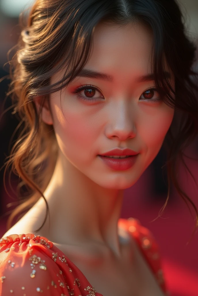 (((Japanese))),((The contrast of light and shadow makes the subject appear three-dimensional)), (Showing 1 woman, 24-years-old, Famous actress, confidently walks on the red carpet, Film Awards Ceremony), View your viewers, (Ultra-fine digital art)\, Photorealistic realism 16K quality: (eye: Vibrant): {((Realistic perfectly circular and super absurd detail [eye: brown: 1.4]), Ultra-stunning quality and resolution)}, ((the most absurd quality perfect eye:1.2)), ((super beautiful cute sharp-face)), (明るいgreen白いface色), ((clear no blur and sharp perfect round Detailed pupils)), Perfect hands: [(Normal hand, Five fingers)], face: [(beautifulface)],(ultra detailed eye), 細かく描かれたface,finely quality eye,(tired and sleepy and satisfied:0.0), ((Femaleeyeのクローズアップ) Digital Rendering), realistic eye, perfect round eye, Detailed pupils, (brown_eye:1.28),break,Detailed lips:1.3,pink_compensate:1.3, length_green_eyeliner:1.35, (red_lipstick:1.32),Perfect darkness_eyehadows:1.35, Female, (super detailed compensate on eye:1.3), iridescent eye, with professional compensate, Vibrant eye:1.2, (Detailed nose:1.2), break, ((Happy,beautiful,Very detailed,きらめくeye,Black eyelashes,emotional expression,Very happy)), ((笑face, 喜びのface)), (Perfect composition), Depth of written boundary, Cinematic Light, Lens flare, Digital SLR, Top quality soft lighting, sharp focus captured by Fujifilm XT3, 5 ....6, In dramatic lighting, dry skin, Highest Quality Real Texture Skins, (Woman with velvety skin:1.3), (Highest quality realistic hair), (Blonde(Waved, Behind the ears:1.22), Super detailed:1.25), (Firm, large, ample breasts), (slim and muscular body), She is the epitome of beauty and charm., ((Breathtaking, Silk Dolce & Gabbana.Floral Dress:1.3)), Well-crafted and elegant fashion:1.28), Floral Couture, (Clothing made of silk and flowers:1.3), 3/5 length, ((彼女のfaceのクローズアップ:1.33))