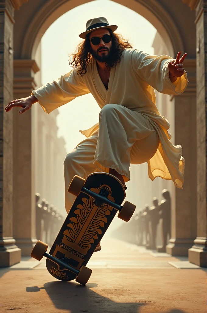 Jesus doing a skate trick with a Cross shape skate, using black glasses and a hat, doing a hang loose hand