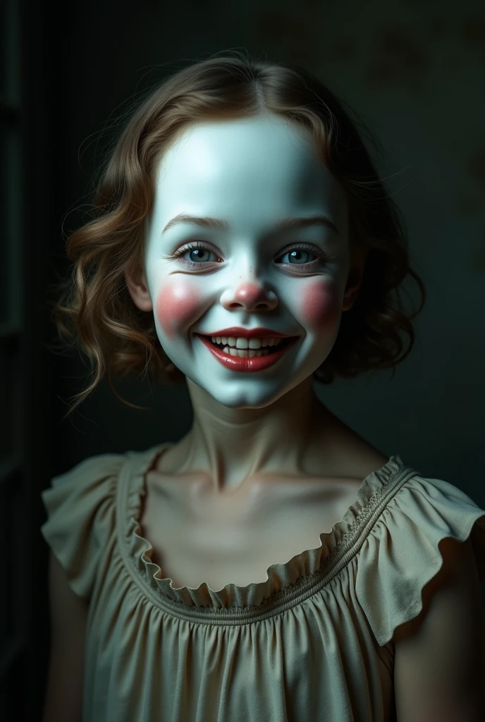 A girl wearing a vintage-style doll mask. The mask is porcelain white, with exaggerated features that give it a sinister appearance. The doll's expression is frozen in a creepy smile, with wide-open eyes and rosy cheeks, 