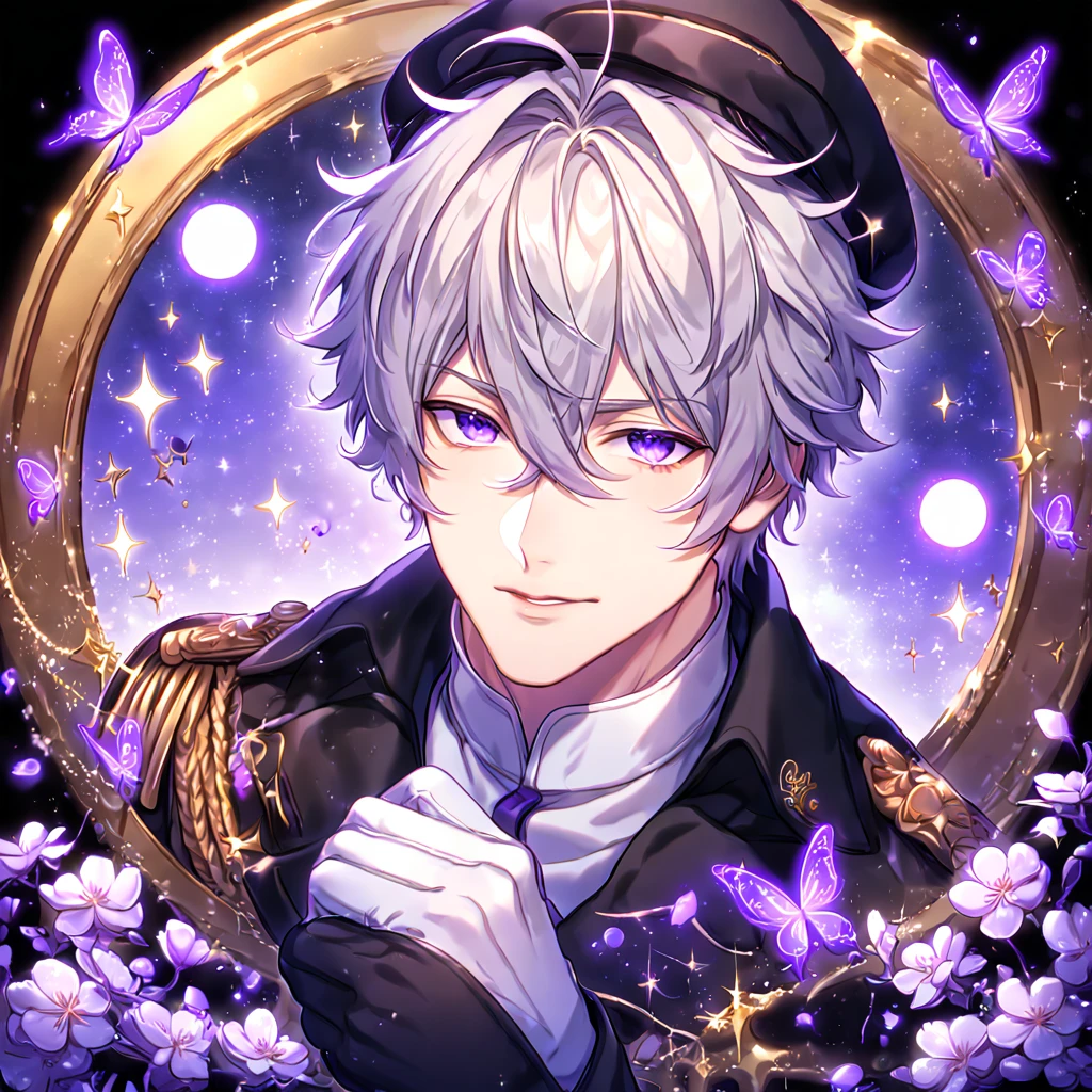 absurdres, highres, ultra detailed, HDR, master piece, best quality, Ayanami, light-gray hair, messy hair, hair between the eyes, expressive violet eyes, 07 Ghost, solo, sexy man, handsome, sensual, manly man, adult, military uniform, black coat with golden trimmings, white gloves, black cap, fantasy, black gloves, magical, shining, purple flowers, blossoms, water, purple petals, purple butterflies, sparkling, purple moon, starry sky