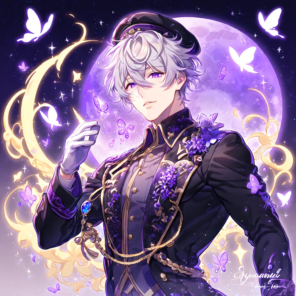 absurdres, highres, ultra detailed, HDR, master piece, best quality, Ayanami, light-gray hair, messy hair, hair between the eyes, expressive violet eyes, 07 Ghost, solo, sexy man, handsome, sensual, manly man, adult, military uniform, black coat with golden trimmings, white gloves, black cap, fantasy, black gloves, magical, shining, purple flowers, blossoms, water, purple petals, purple butterflies, sparkling, purple moon, starry sky