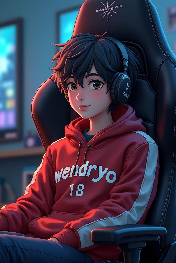 1 boy, sitting in a game chair, with the name wendryo written on the sweatshirt, 18-years old