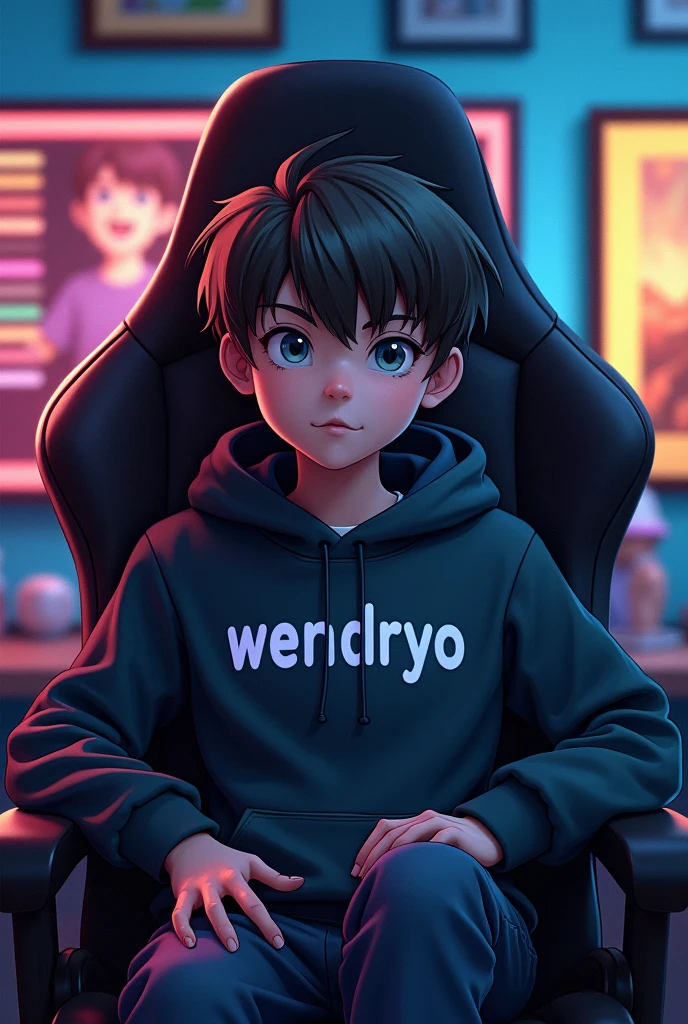 1 boy, sitting in a game chair, with the name wendryo written on the sweatshirt, 18-years old 