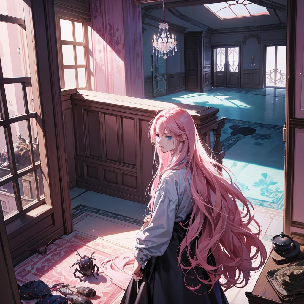 character: Aaron, with long pink hair, blue eyes.
outfit: Modern and current clothing.
bottom:
Left Half: A horrible room, with spiders and cockroaches.
Right Half: A luxurious room for millionaires.
Character Position: Aaron en el centro, divided between the two rooms.