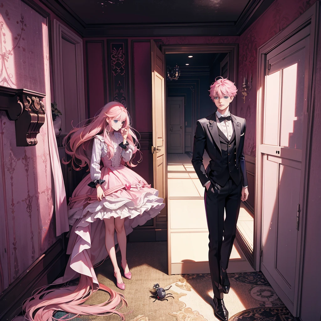 character: Aaron, with long pink hair, blue eyes.
outfit: Modern and current clothing.
bottom:
Left Half: A horrible room, with spiders and cockroaches.
Right Half: A luxurious room for millionaires.
Character Position: Aaron en el centro, divided between the two rooms.