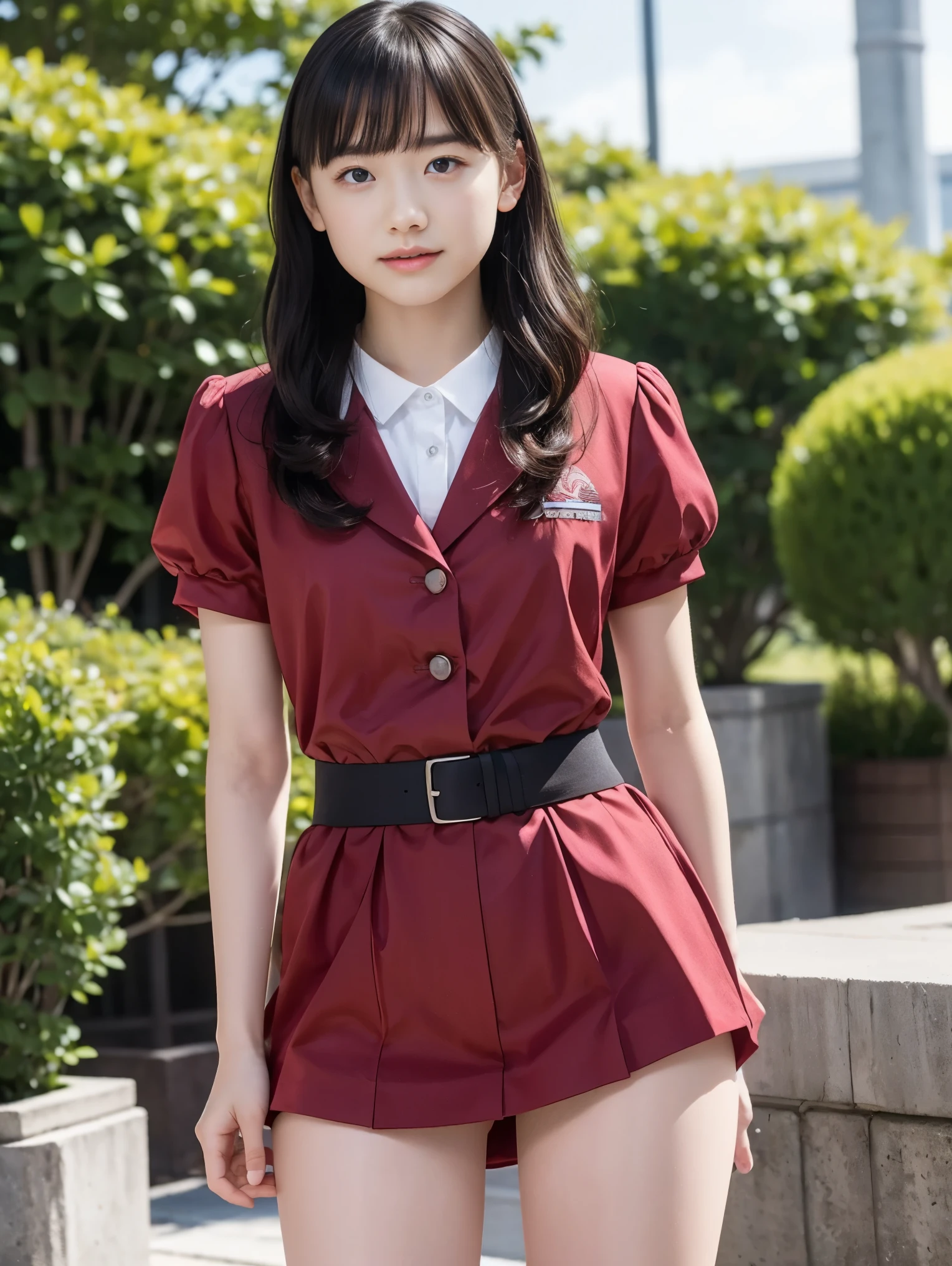 High resolution、High resolution、In 8K、RAW Photos、Highest quality、masterpiece、One teenage girl, Wavy Hair,Japanese high school uniform, Anatomically correct,bangs、Waist、thigh