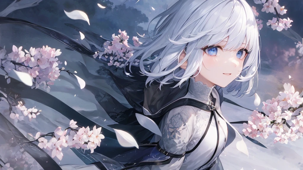 Ultra HD,Look at the viewers, Place your hands behind your back, With a girl, 20-year-old, 非常にshort hair, Long bangs between the eyes, Pale blue eyes, Very detailed,(masterpiece、Highest quality),Gray Hair、Laughter、wonderful, Silver Hair, iris, short hair、 Fluttering Hair、Small face、明るいsmile、(Detailed face) ,Professional Lighting,wonderful風景,blue sky, sunlight,Looking down from above,Portraiture、Open your mouth、Flower Field、Her eyes were shining、Mysterious and enchanting atmosphere。With AI Painting、とてもshort hair, Long bangs between the eyes, Very detailed,(masterpiece、Highest quality)、alone、Gray Hair、Fantasy, Silver Hair, Fantasyな風景、smile、Open your mouth、short hair、short hair、hairpin、black eye、Grey Eyes、Beautiful Eyes、Black Shirt、White hoodie