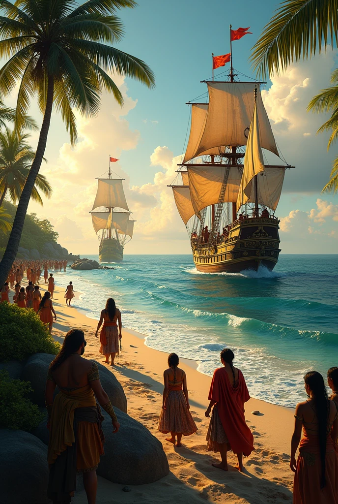 Vision of the arrival of the Spanish and Christopher Columbus for the first time in America 