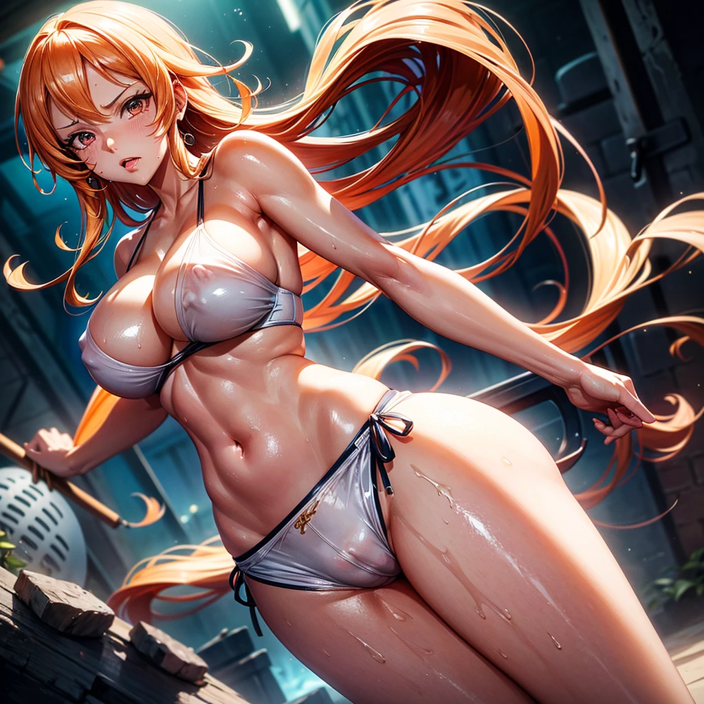 (One Piece Nami) Close-up, frontal portrait, staring at huge penis, perspective, 8K, gorgeous lips, (Masterpiece), (Highest Quality), (Super Detailed), ((Sexy; 1.5)) Extremely Beautiful, Illustration, Perfect Compositions, Intricate Details, Extremely Detailed Faces, (Animation, Masterpiece, Complex: 1.3), (Best Quality, Featured Textures, High Detail: 1.2), (4k), (Extreme Detail: 1.4) Moody Lighting, Beauty, exaggerated long orange hair, glossy skin, seductive pose, cleavage, wet skin, bare breasts, large breasts, bikini breasts showing details, clothes that may accidentally unravel (spread apart), embedded (causing clothes to Pulling on the crotch), cropped tops may tear and tops may slip off (resulting in exposure). The expression is fiery and defiant. Happy, tired, stains, dripping on face, dripping on chest, dripping lines, worried, blushing, panting, wide mouth, drooling, worshiping face focus, side view, dynamic angle, expressiveness, (extreme details: 1.4) (Masterpiece, best quality: 1.2) Healthy skin, clearly visible muscles, plump girl, wide eyes, provocative pose, amazing ass, hot and provocative expression. (Masterpiece, best quality: 1.2), glowing skin, seductive pose, cleavage, wet skin, exposed breasts, large breasts, exposed breast details, healthy skin, exposed buttocks, skin-colored shorts panties moved to thighs, a large amount of white goo Liquid oozes from it. Healthy skin, close-up, ass, ripped mini shorts, body exposed, detail: legs spread, her ass in focus, her eyes flashing with orgasm, her big breasts showing off her cleavage. Delicate pale pink nipples, navel, muscular, spread legs, juicy, wet, seductive, big breasts, cleavage exposed, navel (tanned): 1.6),
