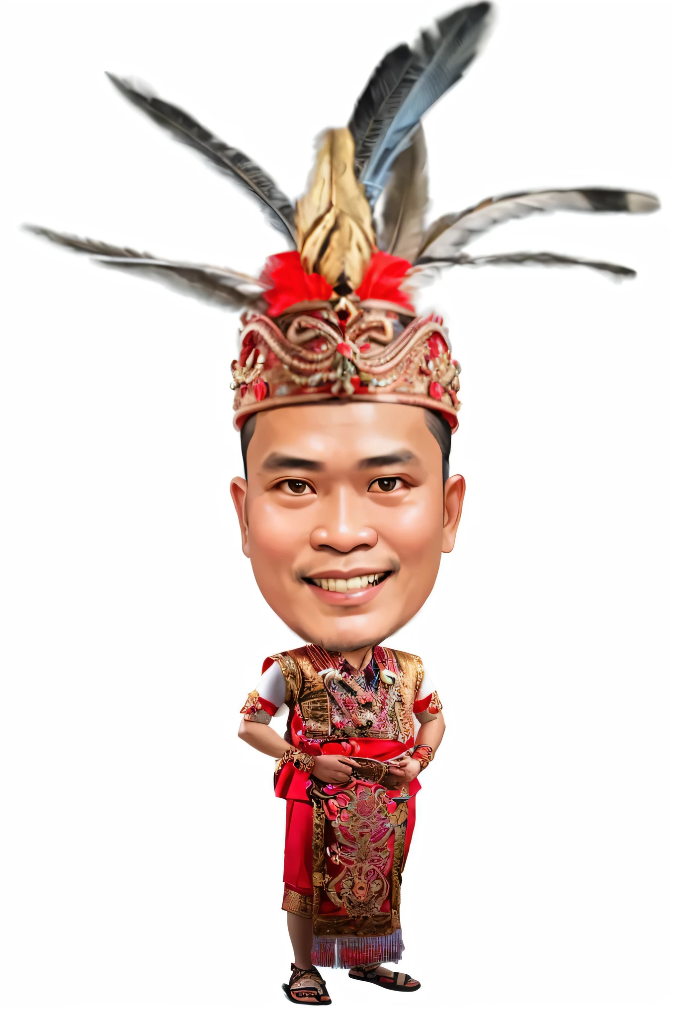 a close up of a person wearing a costume with feathers on it, inspired by I Ketut Soki, emir, barong family member, barong family, wearing authentic attire, comming, by Abidin Dino, by I Ketut Soki, andy worhol, potrait, traditional, inspired by Basuki Abdullah, dressed in shako, chibi