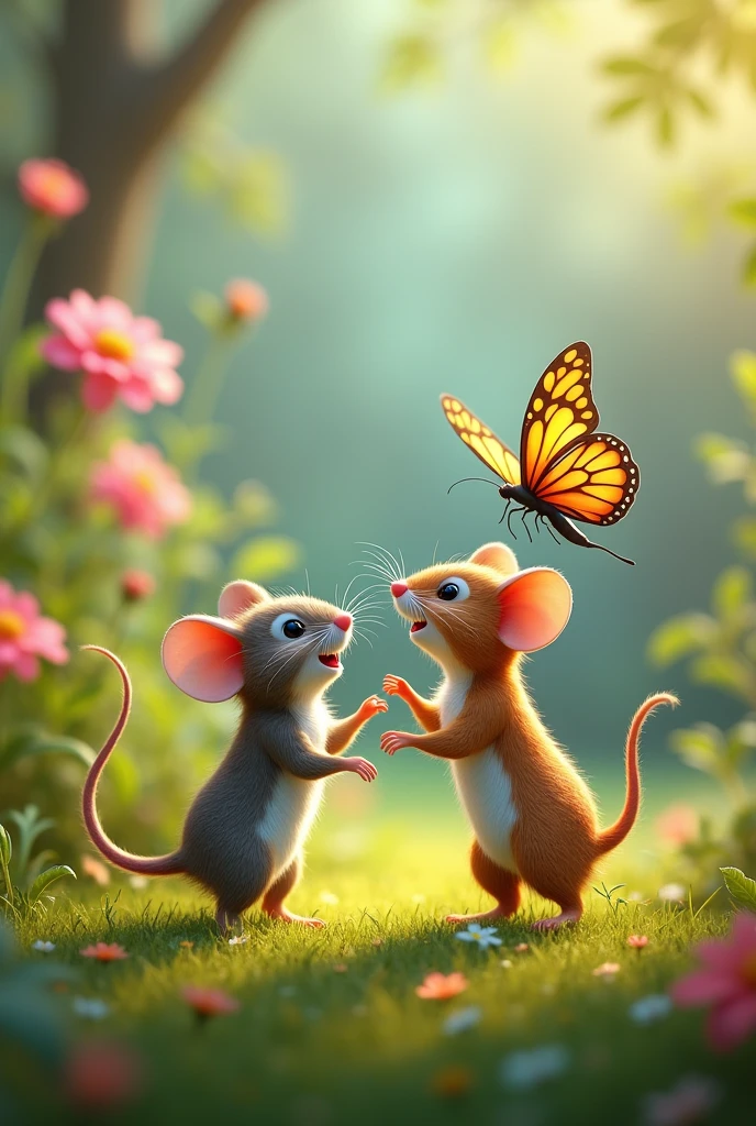 A mouse and a butterfly having fun