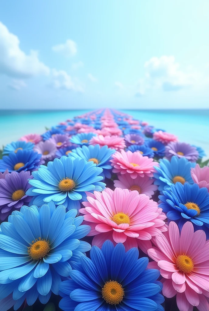 Frame of bright and striking colored flowers blue pink purple Let it be in a straight line for a sea