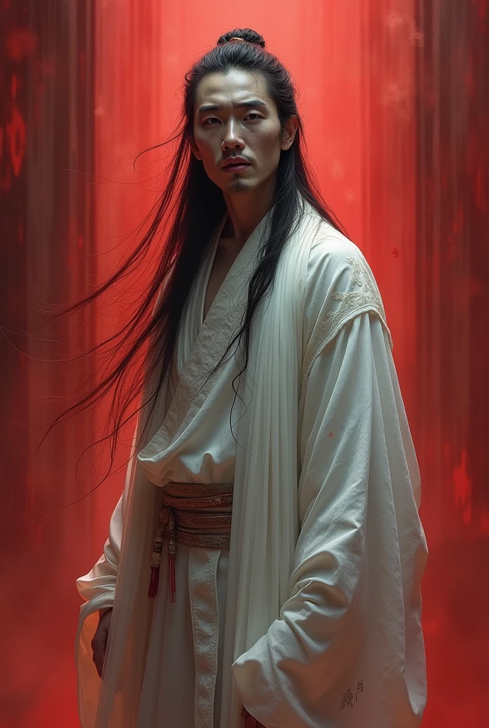 Chinese man with long hair, dress in white, wearing a mask half smiling and half crying, covered in blood, Bai Wuxian do livero tgcf