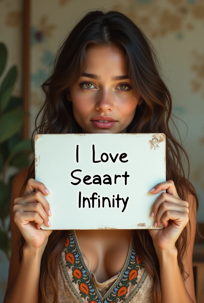 Beautiful girl with wavy long hair, bohemian dress, holding a white board with text "I Love Seaart Infinity" and showing it to the viewer