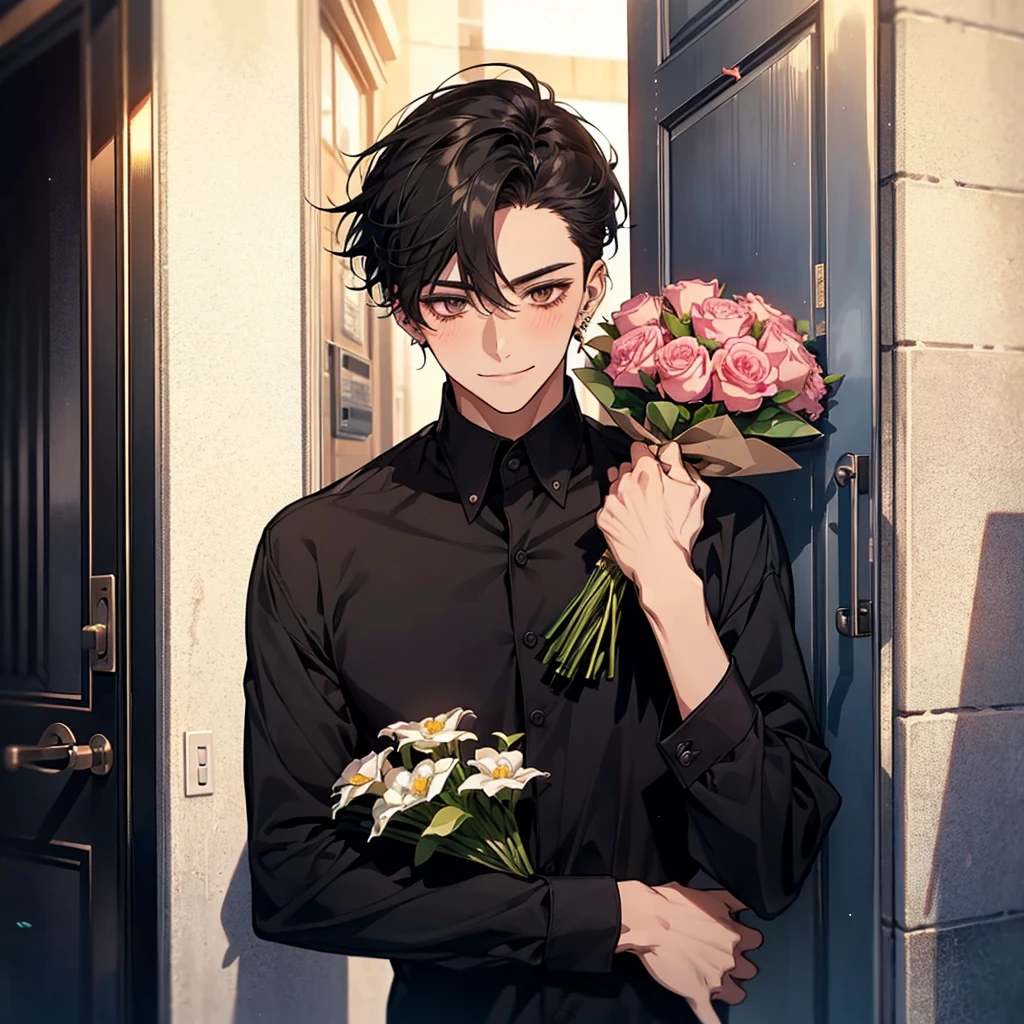 score_9, score_8_up, score_7_up, source_anime, BREAK by ikuchan kaoru, iku, clean color, flat color, 1boy, ((shota)), solo, indoors, wedding dress, toned, yaoi, , lookingat viewer, happy, biceps, femedium hair, wearing wedding dress, bare shoulders, see through, see through nipples, shy, embarrassed, blush, brown hair, hair covering eyes, holding bouquet, sexy, haver eyes, messy hair, shaggy hair