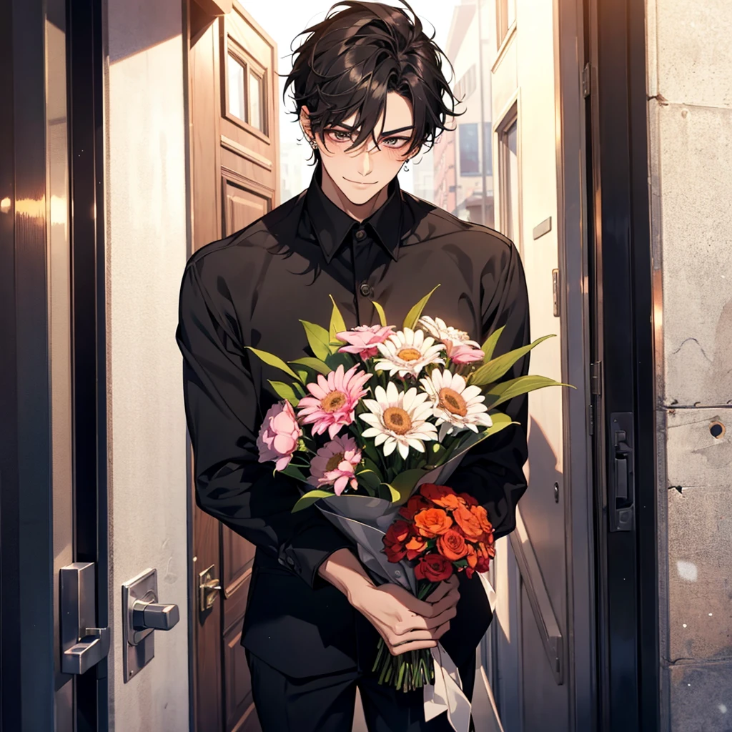 young guy, smiling, giving a bouquet of flowers, blushing, street background, POV you are opening the door to him, handsome, small eyes, black hair, piercings, black shirt, strong, tall, manly face. Comparison with himself when 