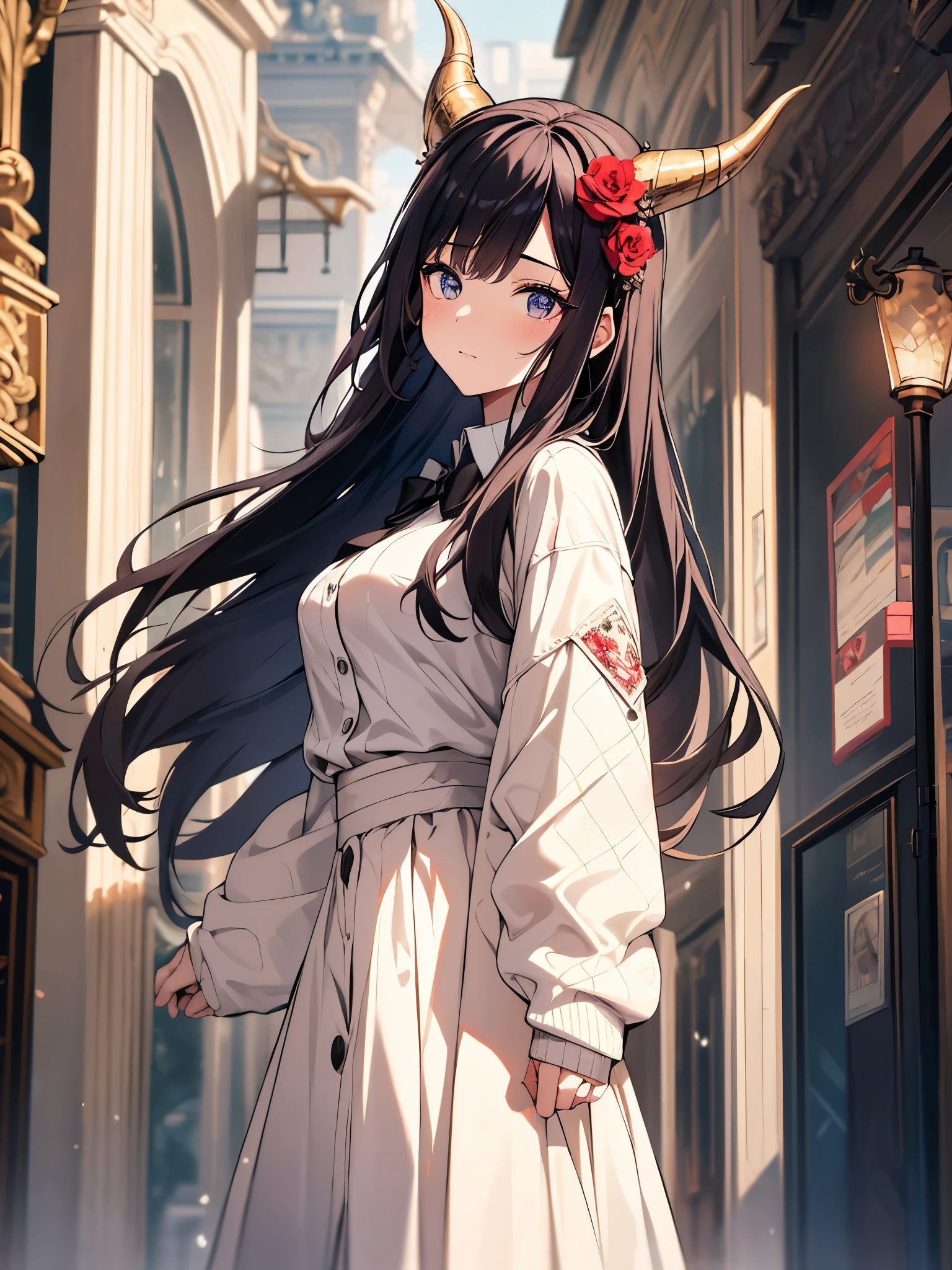 work of art, best qualityer, high resolution, hmsl1, hat with horns, hair flowers, x hair ornament, White sweater, jacket purple, flowers, long sleeves, clothes open, black bow, sleeves past the wrists, overskirt, cowboy shot, plein-air, Street, standing