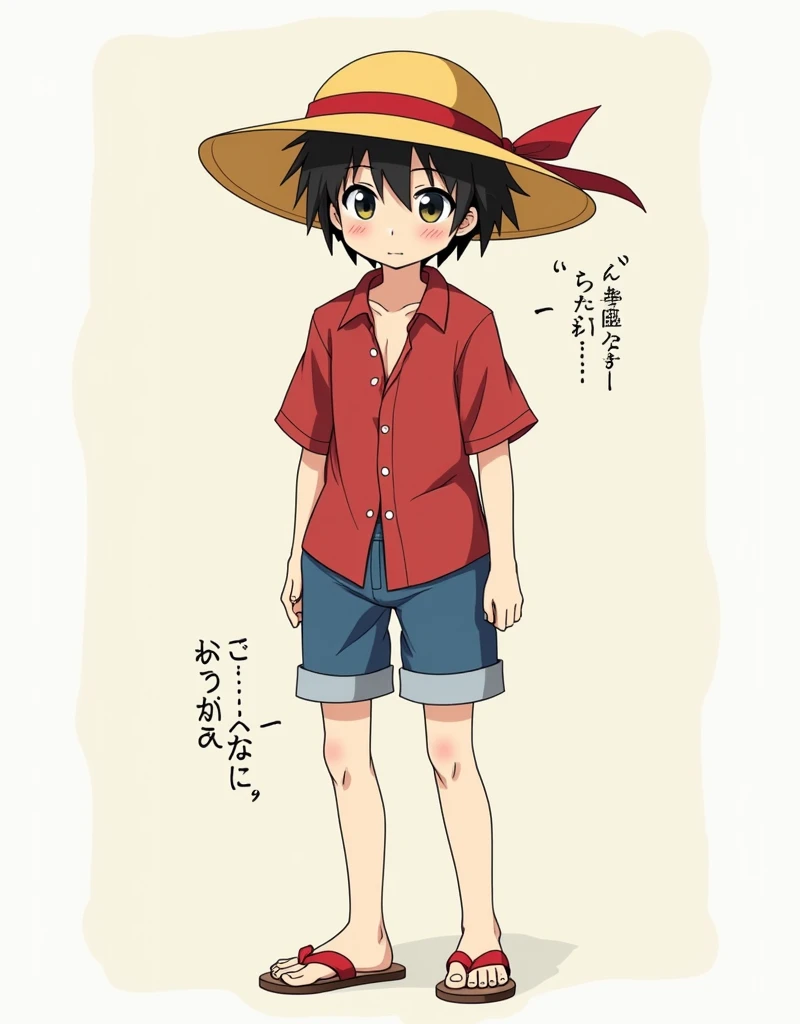 an 18 year old boy with a yellow straw hat with a red ribbon, a red shirt showing his chest, blue shorts and anime style sandals with a phrase in Japanese that says "They all lie" and another that says "Long live sex"but keep the characters in Japanese, don't translate them into another language