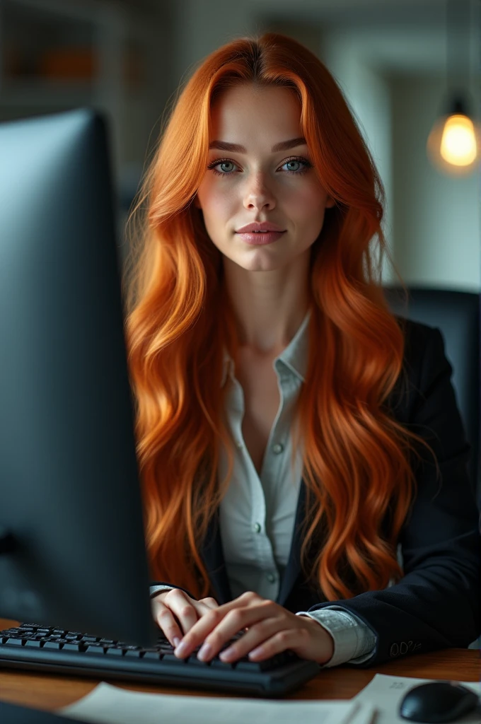 a gorgeous girl with long ginger hair, detailed eyes, nose, and lips, wearing professional outfit, siting in her office, using her computer, hp comuter (best quality,4k,8k,highres,masterpiece:1.2),ultra-detailed,(realistic,photorealistic,photo-realistic:1.37),HDR,studio lighting,extremely detailed face and body, portrait,cinematic lighting,dramatic lighting,warm color tones,dramatic colors