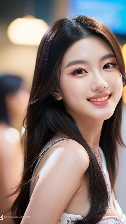 (a beautiful korean k-pop idol, Miss Thailand Universe winner, fashion model, extremely detailed face, beautiful eyes, elegant makeup, long silky hair, flawless skin, delicate facial features, gorgeous smile, ample bosom, perfect figure, fashionable clothing, dynamic pose, cinematic lighting, photorealistic, artistically rendered, vibrant colors, masterpiece, (best quality,8k,highres,professional,ultra-detailed,photo-realistic:1.37), SFW,)