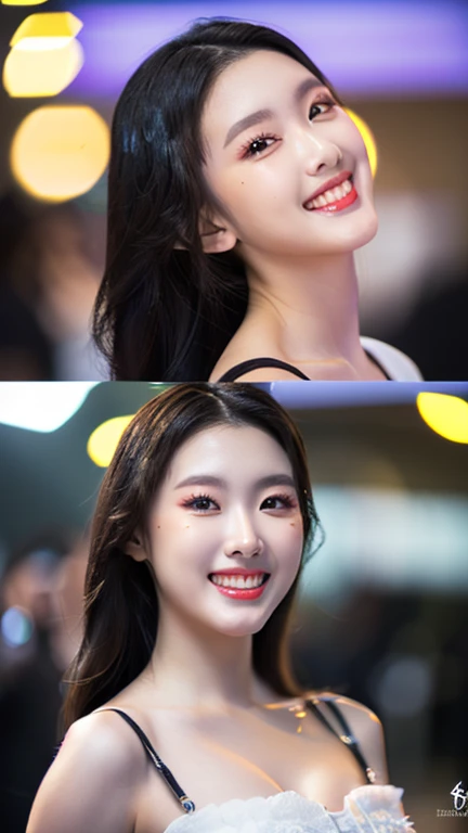 (a beautiful korean k-pop idol, Miss Thailand Universe winner, fashion model, extremely detailed face, beautiful eyes, elegant makeup, long silky hair, flawless skin, delicate facial features, gorgeous smile, ample bosom, perfect figure, fashionable clothing, dynamic pose, cinematic lighting, photorealistic, artistically rendered, vibrant colors, masterpiece, (best quality,8k,highres,professional,ultra-detailed,photo-realistic:1.37), SFW,)