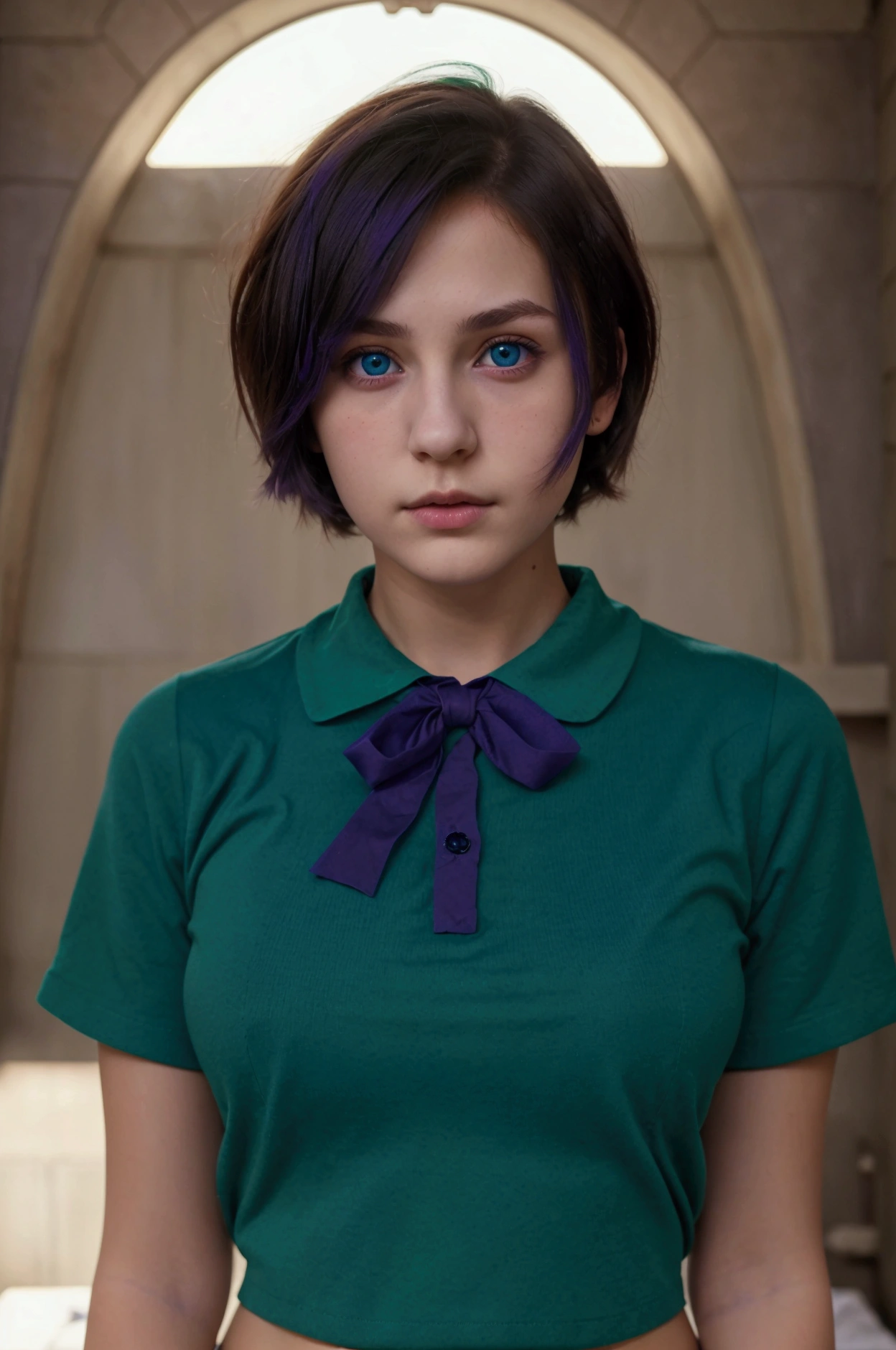 Teenage girl with medium short hair, purple, blue eye color, piel blaca, European ancestry, green clothing, with a red bow in the center of the chest.