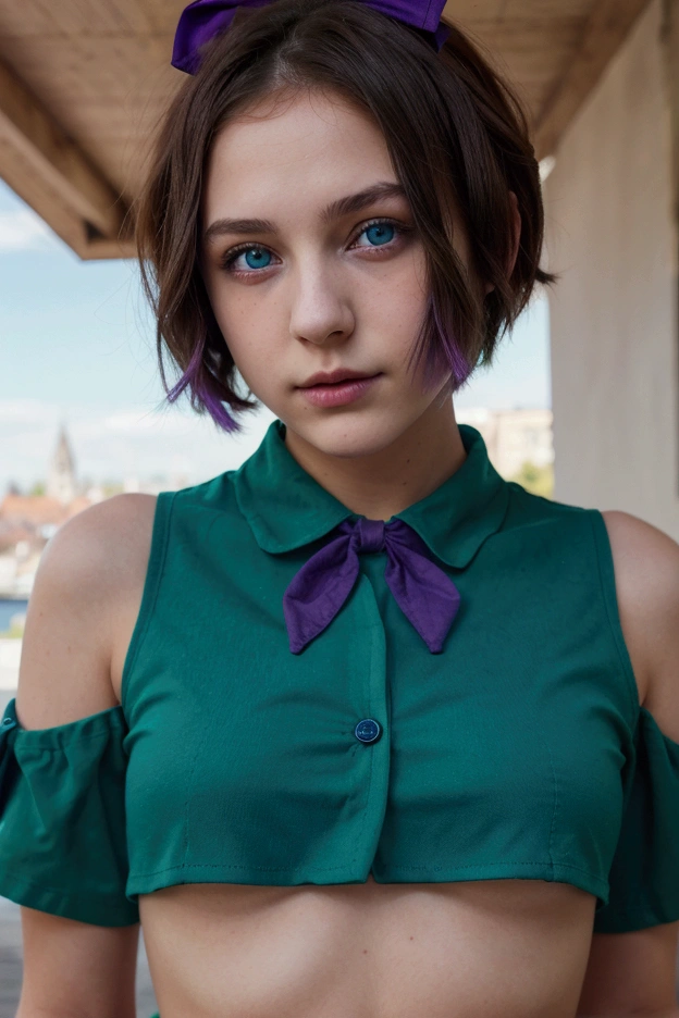  girl with medium short hair, purple, blue eye color, piel blaca, European ancestry, green clothing, with a red bow in the center of the chest.