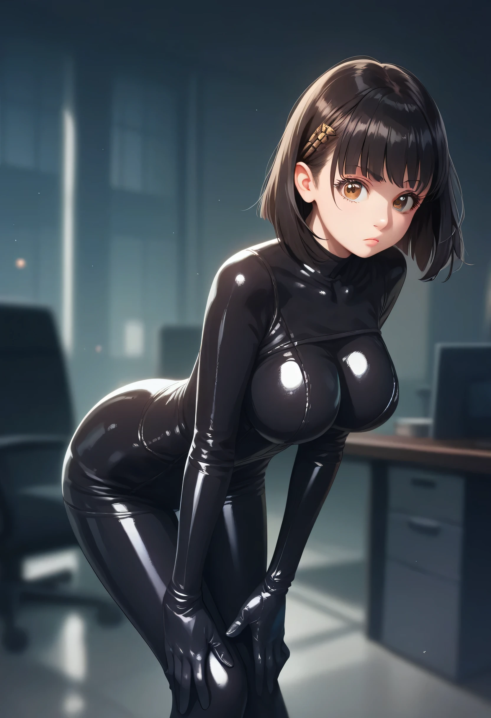 score_9,score_8_up,score_7_up,masterpiece,best quality, source_anime, realistic, super detailed, extreme detailed, rating_safe,
1girl, standing, leaning forward, sneak in, spy,
BREAK girl, 22yo, short hair, bob cut, (blunt bangs), black hair, (tareme, detailed cute brown eyes), curled eyelashes, (large breasts:0.9), 
shiny hair, beautiful detailed eyes, beautiful face,
(black bodysuit, luster, glossy, shiny, latex, bodysuit, tights, gloves), 
serious,  
office, night, (darkness:1.3),