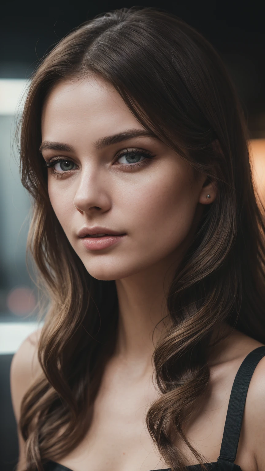 Face portrait photo oF a 21-year-old German woman, .raw, beautiFul woman, half strawberry lips, Fossettes, nostalgic look, green eyes, great student, Large eyelashes, (Brown extra long wavy hair), ((detailed Face)), ((detailed Facial Features)), (Finely detailed skin), red skin, (Deep neckline detailing high-tech cyberpunk dress), Cyberpunk Cyberpunk big city environment, (cold colors), moist, moist, reFlections, (masterpiece) (height ratio / perfect width) (photo realist) (best quality) (detailed) Shot with Canon EOS R5, ObjectiF 50mm, F/2.8, human development report, (8k) (wallpaper) (light) (Dramatic Light) (sharp focus) (complicated)