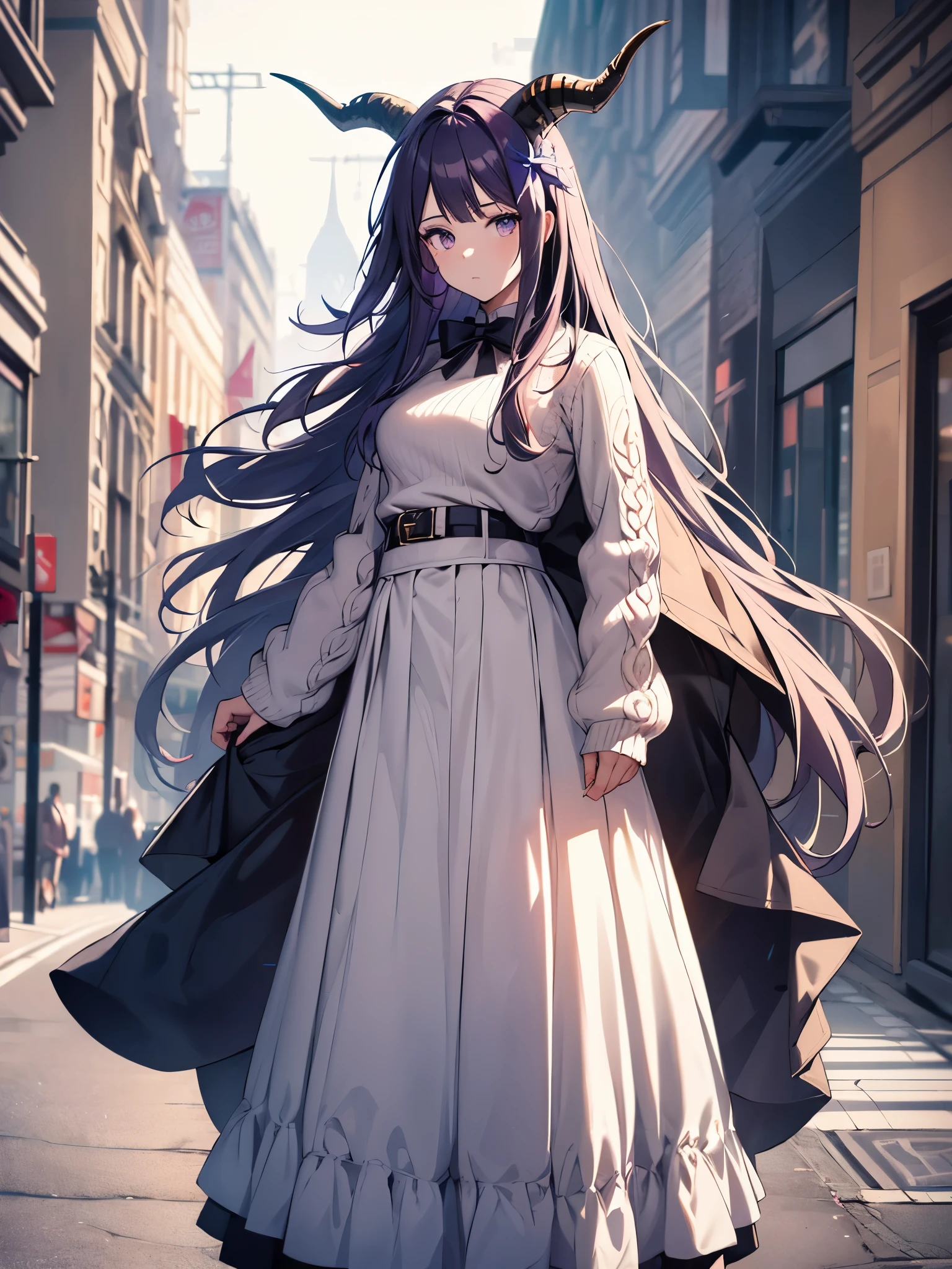 work of art, best qualityer, high resolution, hmsl1, hat with horns, hair flowers, x hair ornament, White sweater, jacket purple, flowers, long sleeves, clothes open, black bow, sleeves past the wrists, overskirt, cowboy shot, plein-air, Street, standing