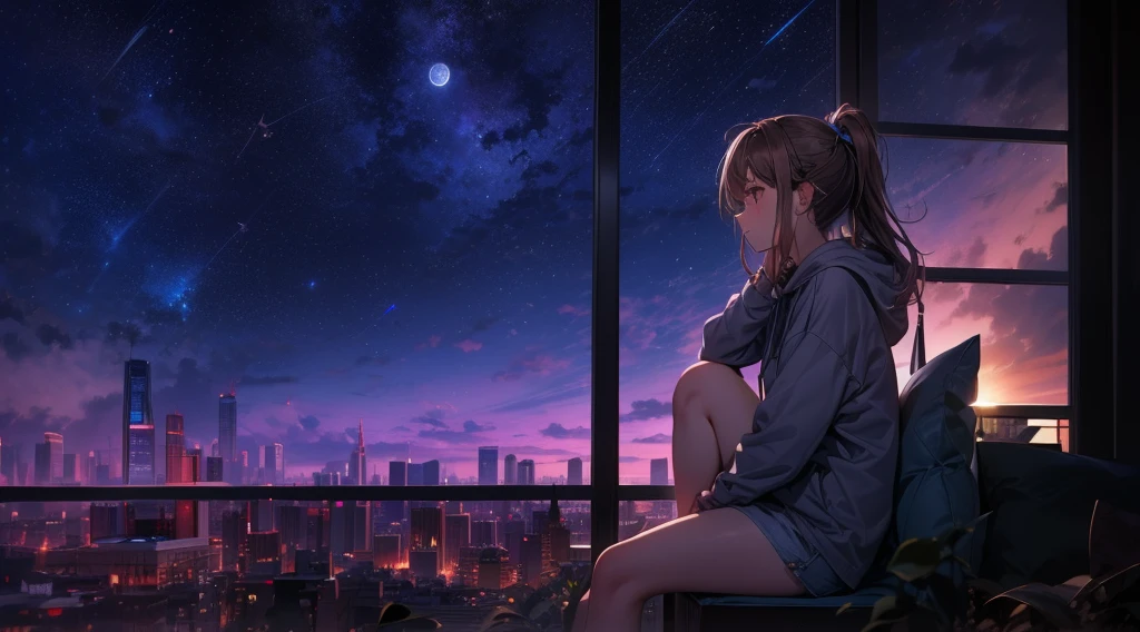 masterpiece, best quality, high quality, detailed, ultra detailed, hyper detailed, insanely detailed, exquisite, beautiful, FHD, Full-HD, 4K, 8K, 16K, highres, absurdres, skyscraper, city, a girl, intelligent, sitting, looking to the side, ponytail, brown hair, brown eyes, hoodie, shorts, piercing, in the room, with a starry sky, with a galaxy, at night, beautiful, lo-fi, side view, moonlight