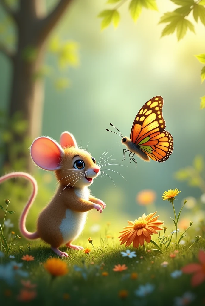 A mouse and a butterfly having fun