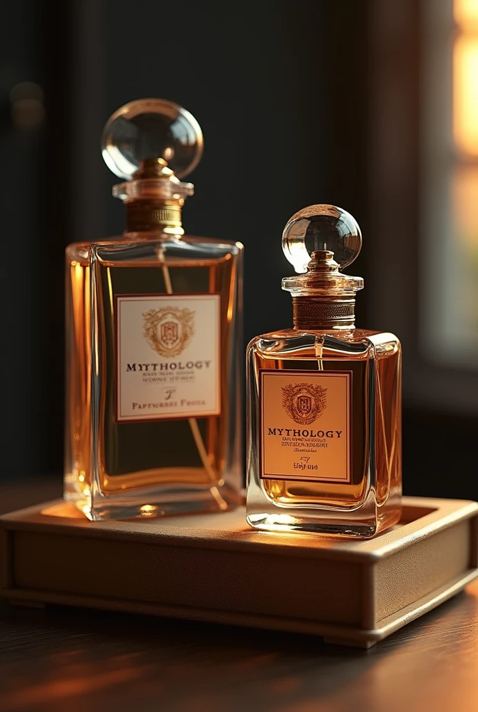 two realistic perfume bottle with logo with name mythology a unique design in different angles in a box as if in a magazine. create a background scenario.