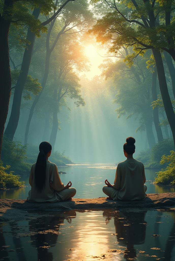 give me 2 asians meditating sitting in a big astral temple full of nature