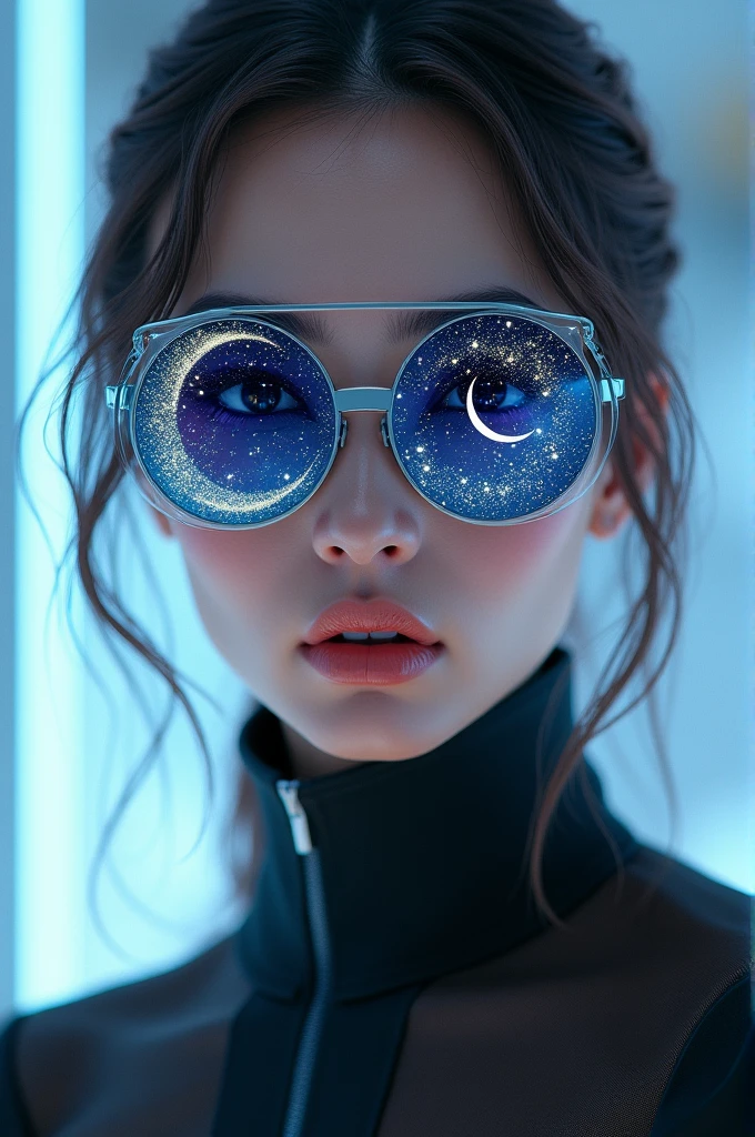 A Naked The model is wearing glass sunglasses with stars and the moon on the glass