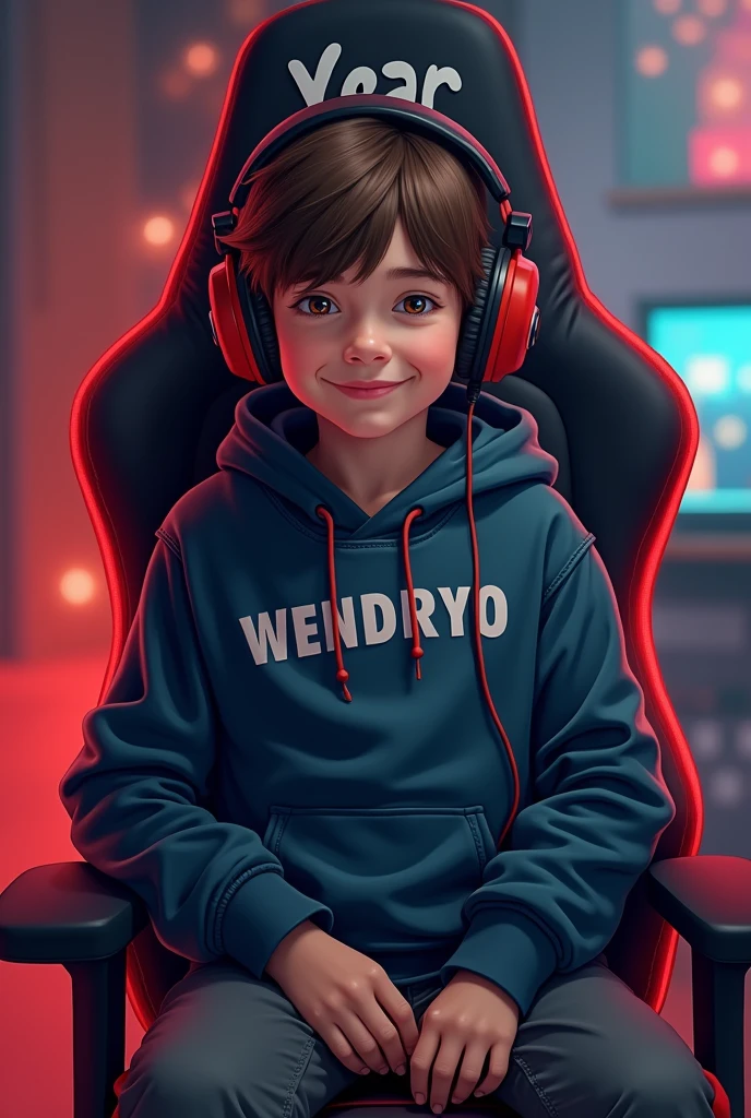 1 boy, sitting in a game chair, with the name wendryo written on the sweatshirt, 20 year