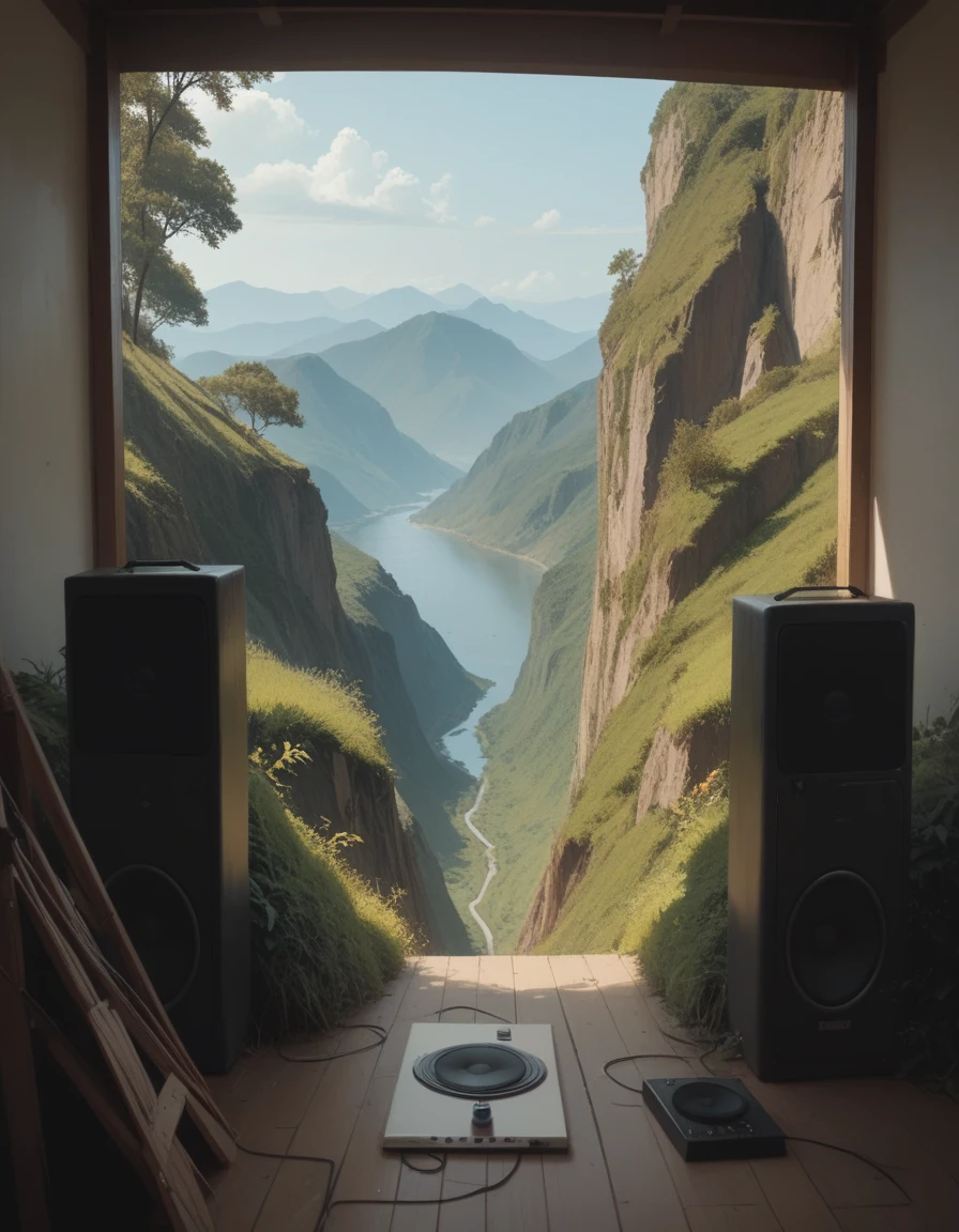 Create an image where sound comes from a speaker, Landscape only