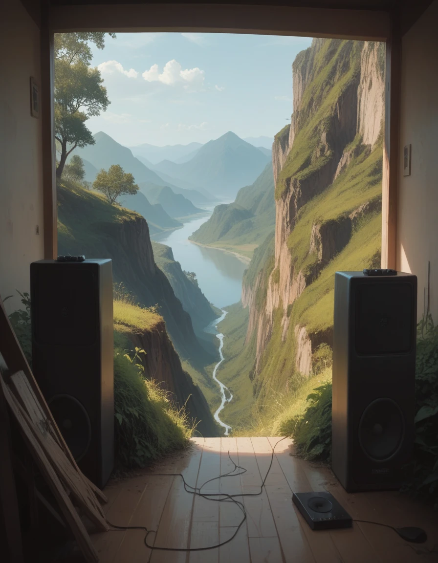 Create an image where sound comes from a speaker, Landscape only