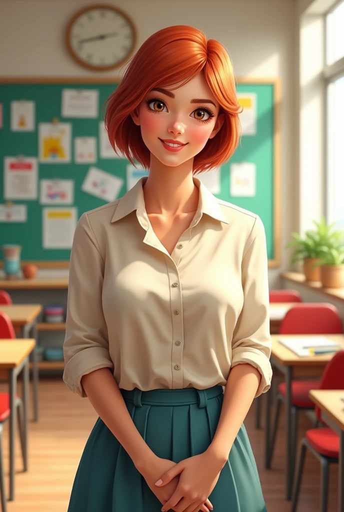 Elementary school teacher with short reddish hair