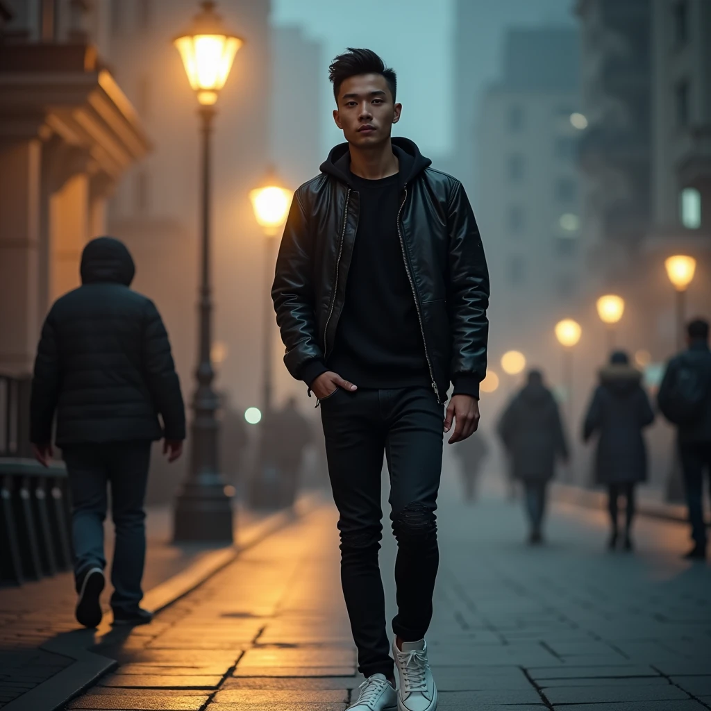 Young skinny asian man with neat short hair combed side, wearing black tshirt, leather jacket bomber with hoodie, black jeans and white sneakers. Walking on sidewalk, dramatical street lamp light, with misterious misty cityscape. other Pedestrian is walk by at the distance. Other Pedestrians move make a motion blur effect, but high detail on main subject